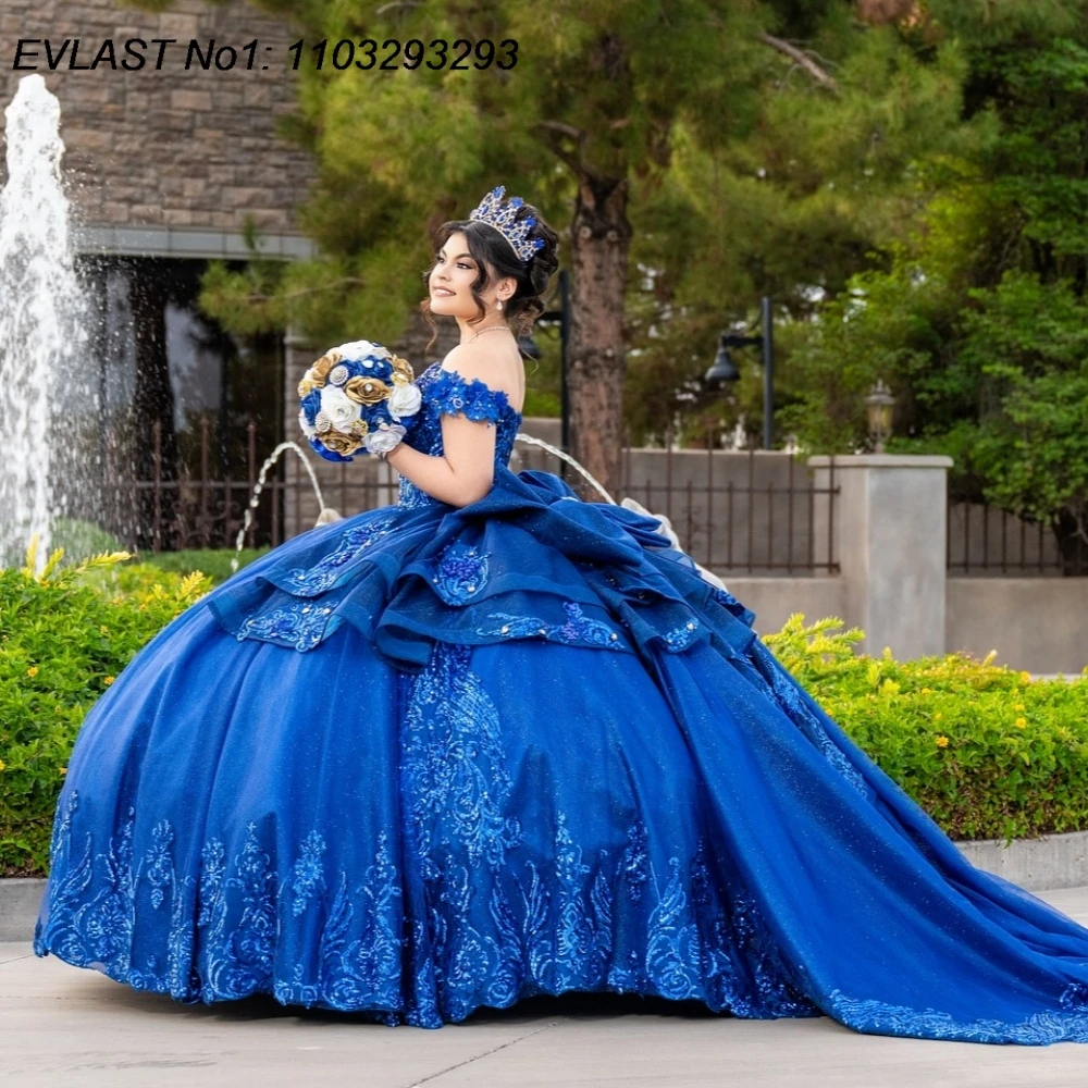 

EVLAST Customized Mexican Royal Blue Quinceanera Dress Ball Gown Lace Applique Beading Bow Sweet 16 Vestidos De 15 Anos E1QN547