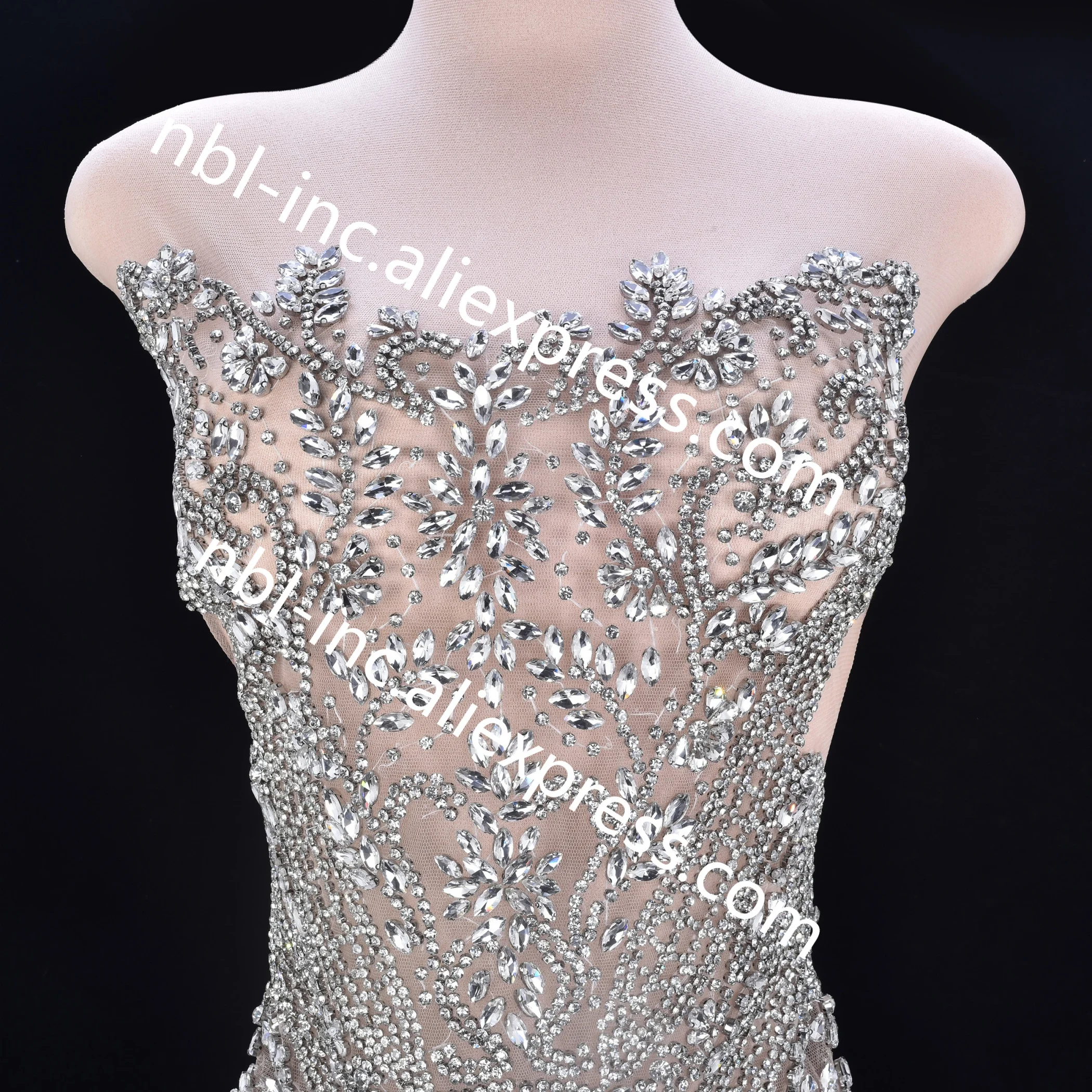 (1PC) Luxury silver hand sewn rhinestone bodice applique patch for wedding party prom dress WDD1403