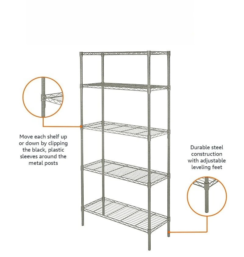 5 أرفف رف تخزين عالي التحمل قابل للتعديل، رف سلك منظم فولاذي للمطبخ، متعدد الوظائف، قابل للطي