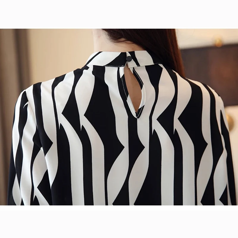 Fashion Stand Collar Blouse Women Long Sleeve Striped Chiffon Shirt Woman Elegant Office Lady Tops Casual Blouses Blusas 0941