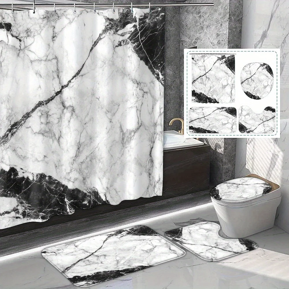 

4pc Black, white, and gray crackled marble pattern bathroom set, non-slip mat, U-shaped mat, toilet seat cover, shower curtain