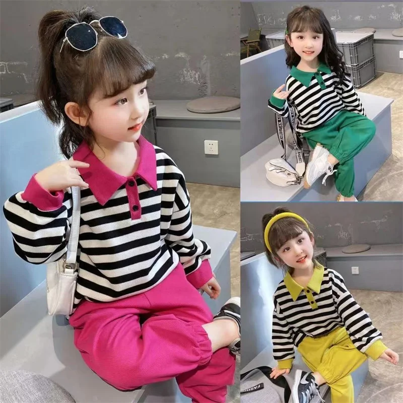 Children Striped Long-sleeved Suits Girls Sweatshirt Sets New Casual Cotton Clothes Kids Turn-down Collar Top+Pants 2Pcs Outfits