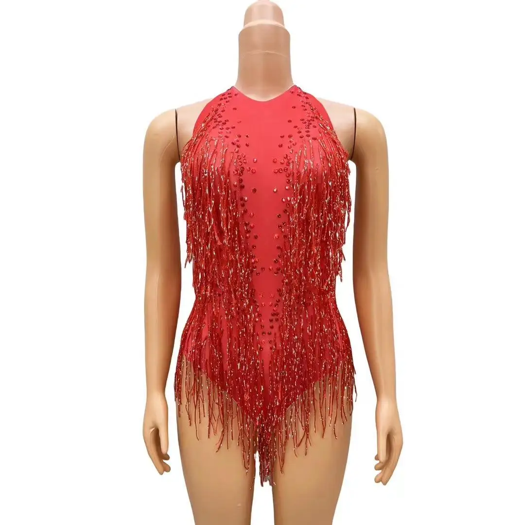 Borla vermelha brilhar grânulos bodysuit, DJ cantor, dançarino traje, roupa brilhante, collant para desempenho de palco, bar dançarino, hongliusu, 1 pc