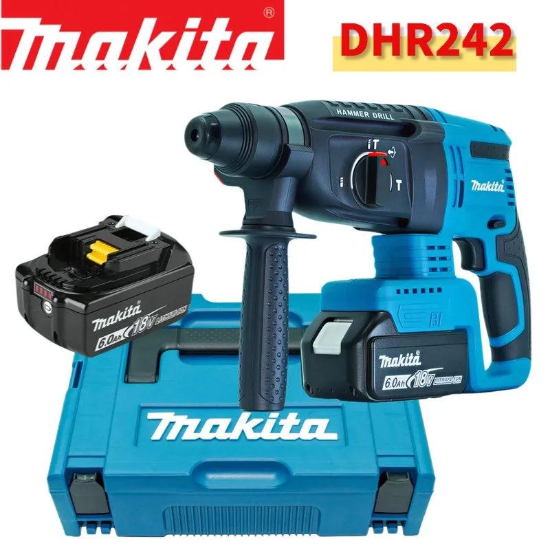 Perceuse à percussion sans fil Makita DHR242 18V d'origine, unité professionnelle robuste sans balais, capacité de perçage dans le béton de 24 mm, taux d'impact élevé de 4700 IPM, 3 modes réglables.