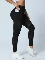 Women's High Waisted Mesh Leggings with Pockets Tummy Tuck Fitness Yoga Pants