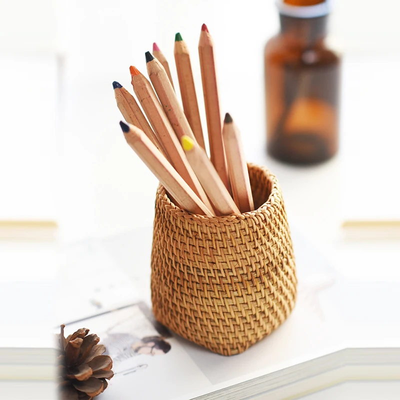 Handmade Pen Holder Woven Wood Vine Rattan Stationery Container Storage Box Organizer Students Gifts Office School Desk Supplies