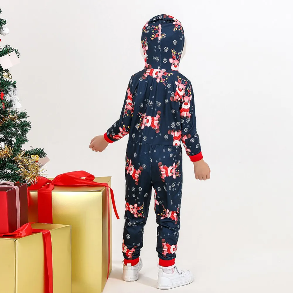 Christmas Family Matching Outfits Cartoon Elk Printed Pajamas Hooded Adult Kids Family Sleepwear Pajamas Set Xmas Clothes