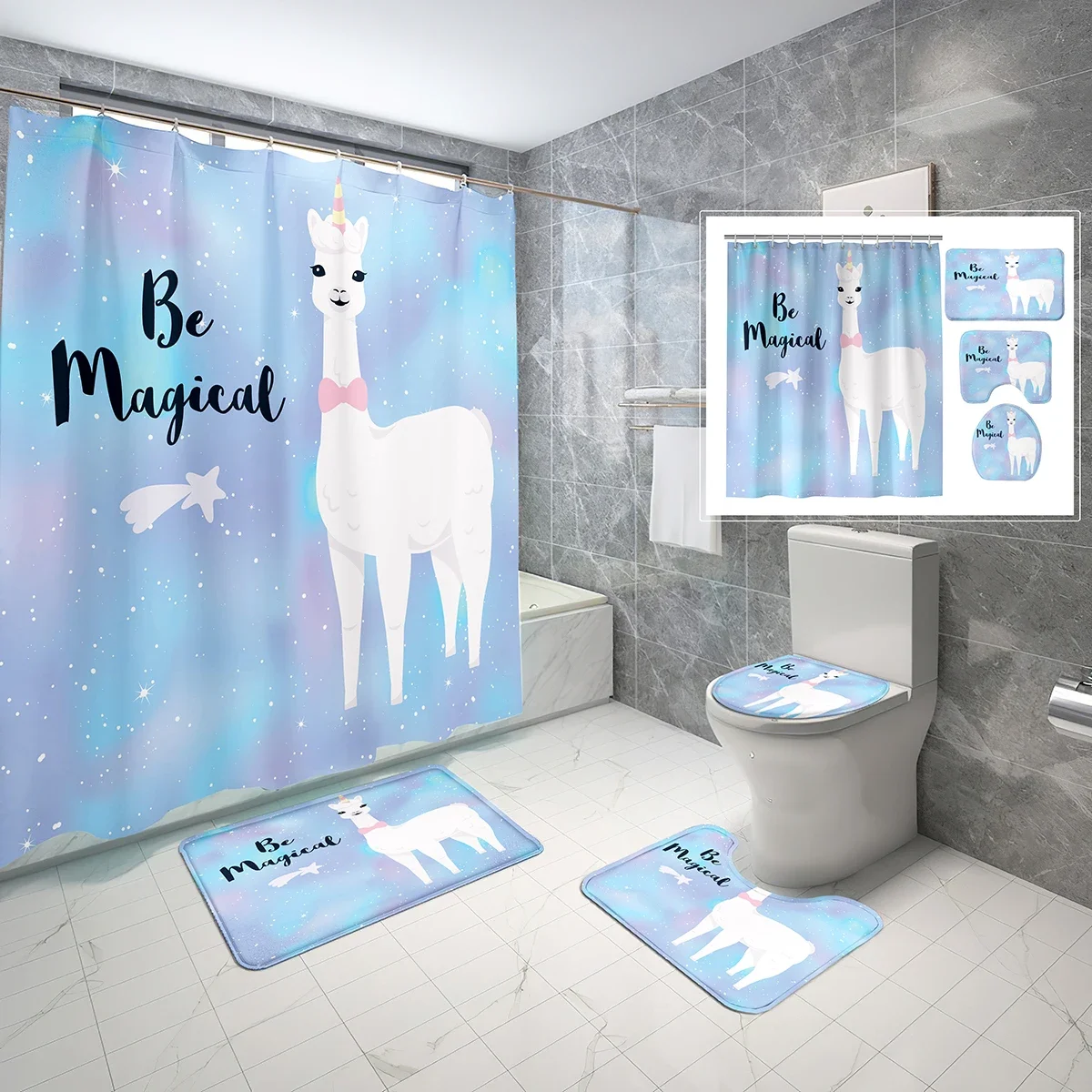 4 Pcs Cartoon Alpaca Shower Curtain Sets with Toilet Lid Cover and Bath Mat Child Cartoon Drawing Waterproof Bathroom Decor Sets