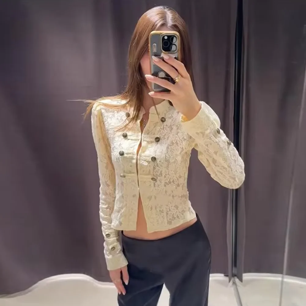 Talenza Women's Elegant Lace Slim Shirt 2026 Summer Early Fall Vacation Chic Dinner Date Jacket Vintage Rope Buttons Trim Jacket