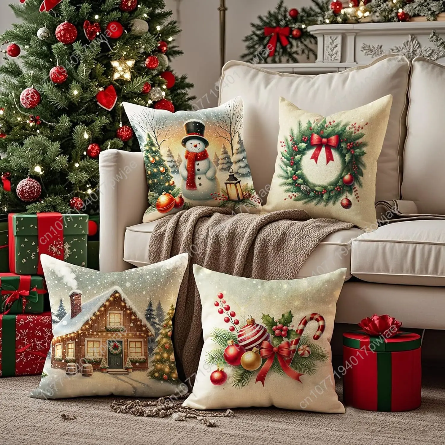 Christmas Pillow Covers 18x18 inch Set of 4, Holiday Winter Outdoor Vintage Tree Snowflake Xmas Snowman Neutral Farmhouse Gold S