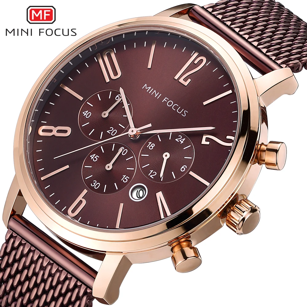 MINI FOCUS Brown Business Watch for Men Fashion 3 Sub-Dials 6 Hands Mesh Stainless Steel Strap Mens Quartz Wristwatches 0183G