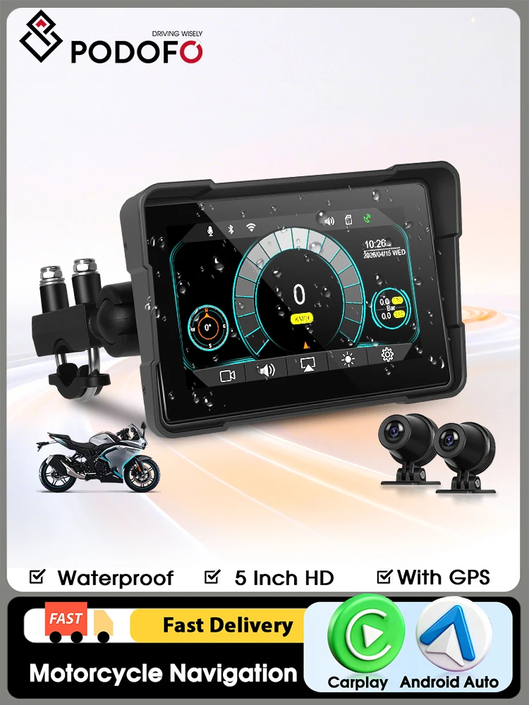 Podofo 5-Zoll Tragbarer Motorrad-Smart-Player Kabelloses Carplay Android Auto Digitale Motorrad-Navigation IP68 Wasserdicht mit 2 Kameras Unterstützt TPMS Lenkradsteuerung SD-Karte