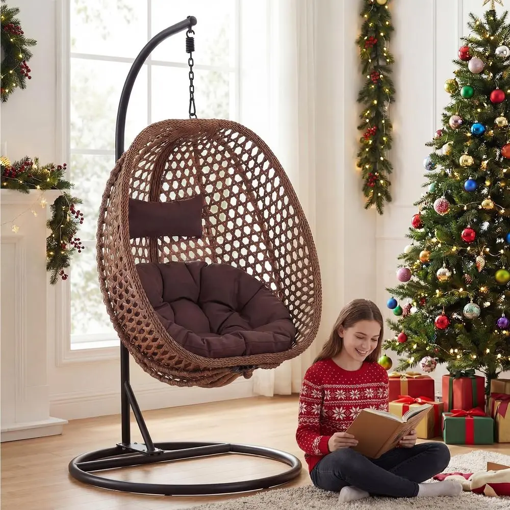 

Коричневый плетеный подвесной стул-яйцо с подставкой, устойчивая к ультрафиолетовому излучению подушка, подходит для наружного или внутреннего использования, поддерживает до 300 фунтов, Ide