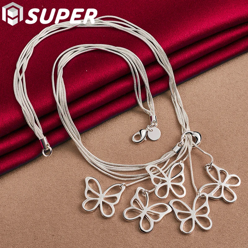 

925 Sterling Silver Five Butterfly Snake Chain Necklace For Women Wedding Engagement Fashion Jewelry