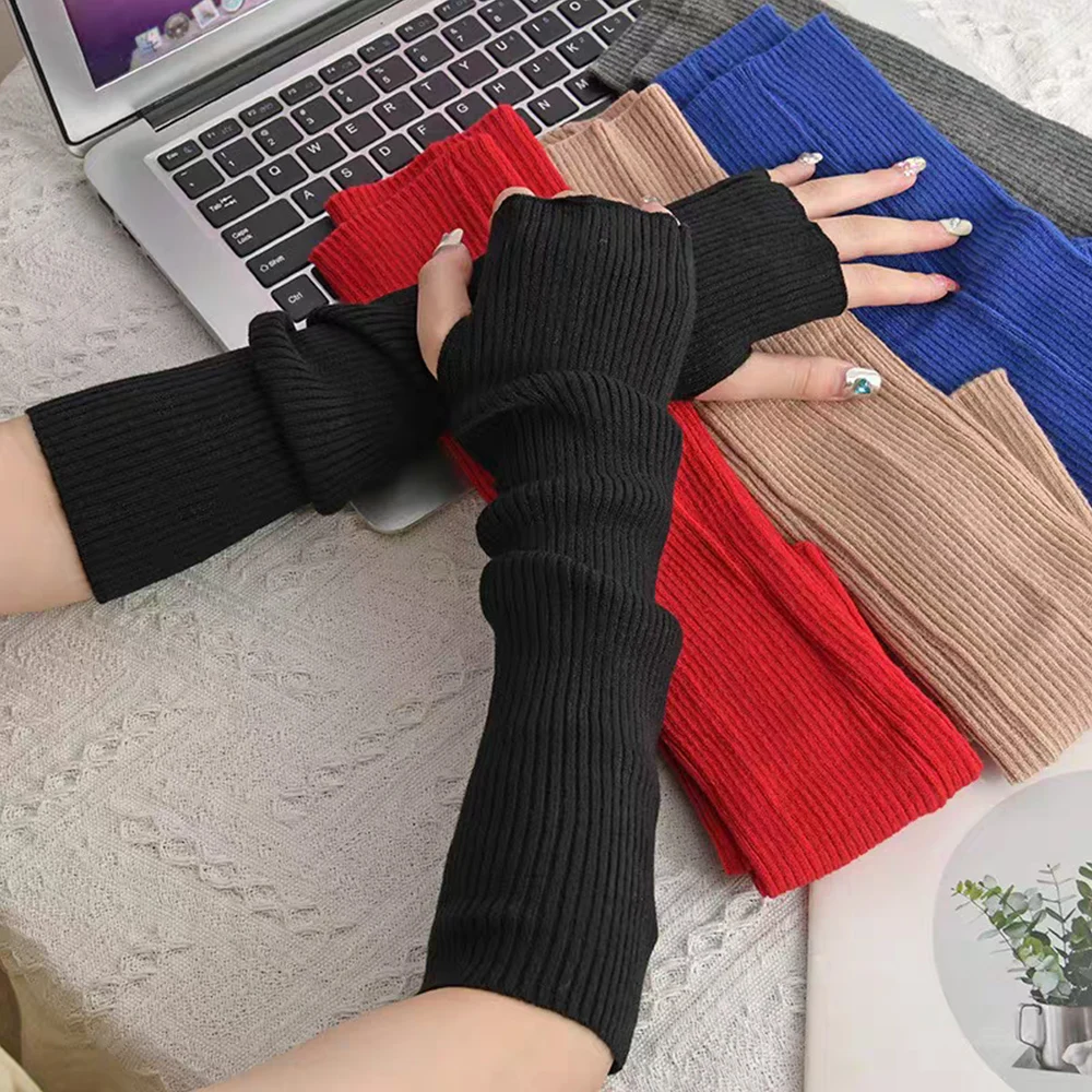 

45cm Long Fingerless Gloves for Women Winter soft Warm Arm Sleeve Knitted Arm Warmer Writting Mitten Y2k girls Goth Punk Gloves