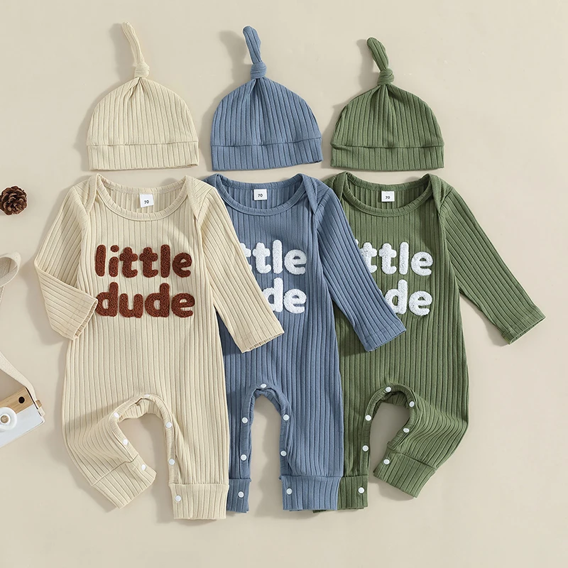 

Spring Autumn Newborn Boys Clothing Sets Ribbed Letter Embroidery O-neck Long Sleeve Button Jumpsuits Hats Casual Outfits