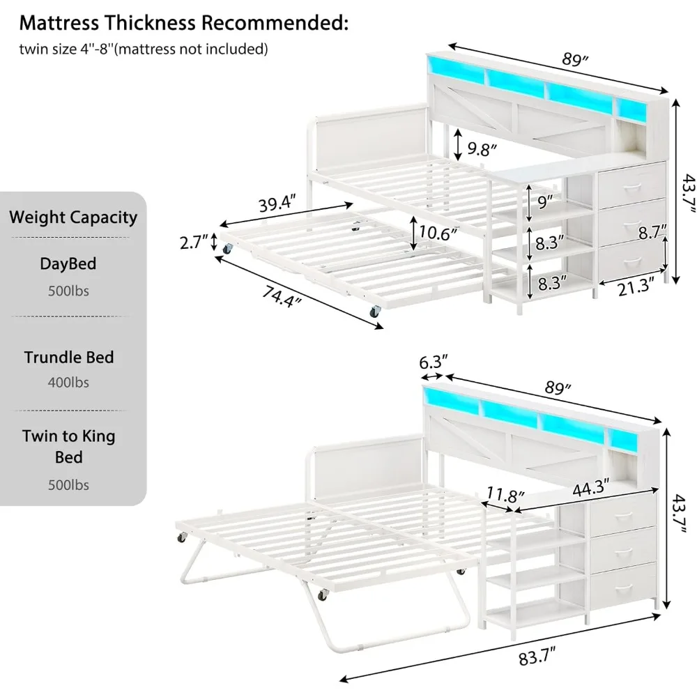Tempat Tidur Daybed Twin dengan Tempat Tidur Lipat, Rangka Tempat Tidur Kayu Gaya Farmhouse dengan 3 Laci Penyimpanan dan Rak, Tempat Tidur Daybed Twin hingga King