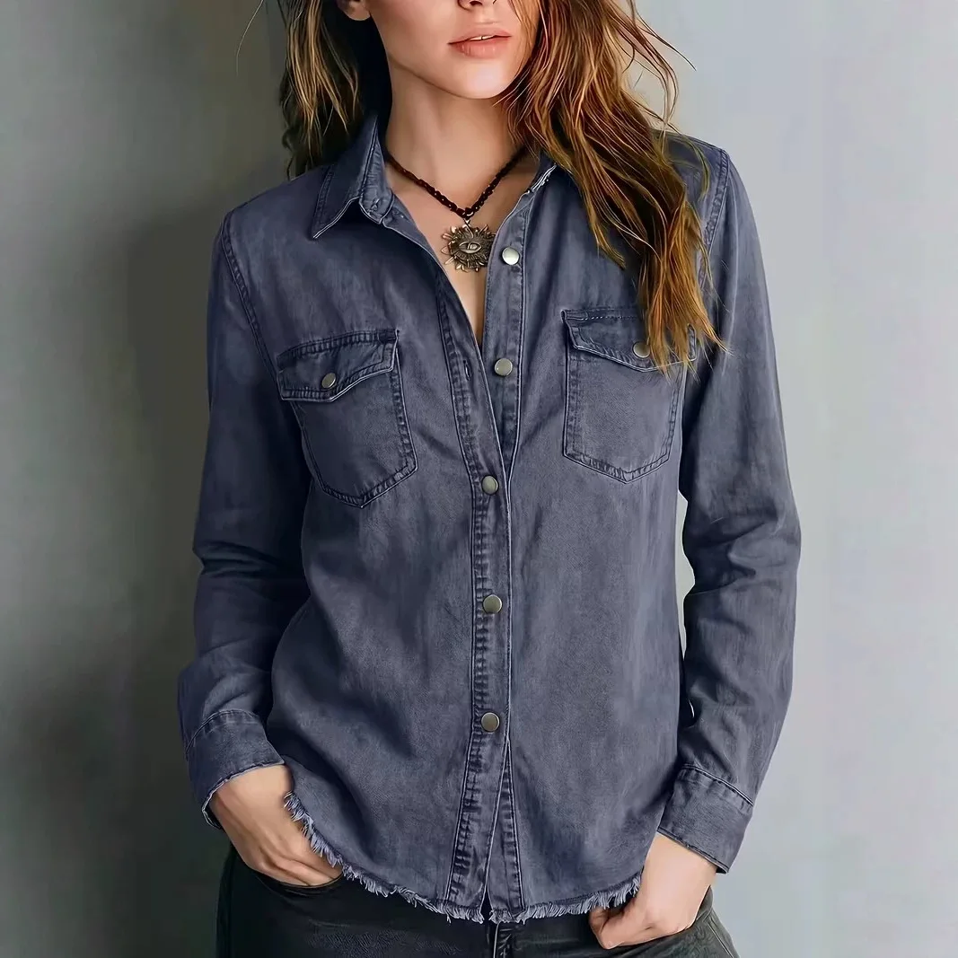 Vintage Western Fringe Shirt Button Down Lapel Collar Long Sleeve Pockets Retro Casual Streetwear Trendy Classy Ladies Blouse
