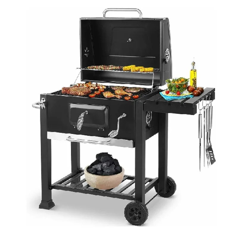 Holzkohlegrill, BBQ-Smoker mit Griff und Klapptisch, Perfekt für Terrasse, Garten und Hinterhof-Grillen, Mittelgroß