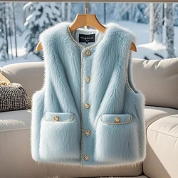 Chic Women Blue Faux Mink Fur Waistcoat Thickened Warm Imitation Fox Fur Vests Double Pockets Furry Tanks Flocking Cardigan Tops