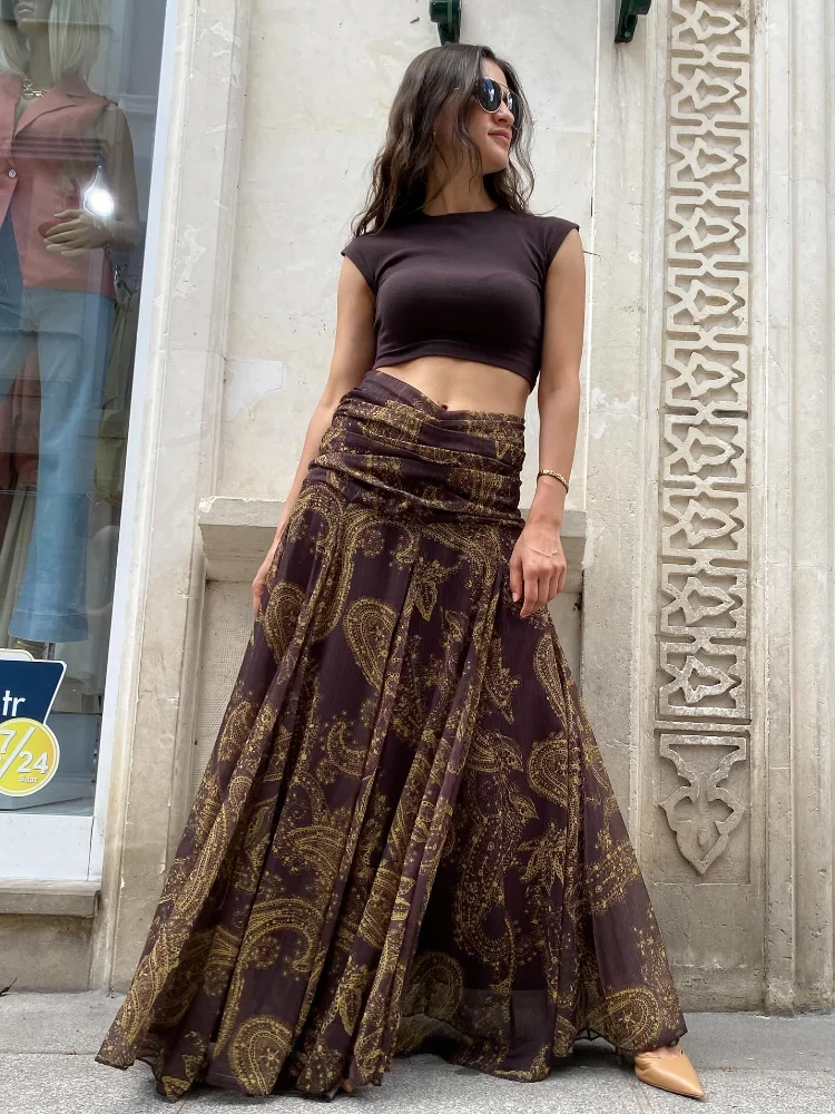

Elegant Print Asymmetric Long Skirts Loose High Waist Pleated A-line Skirt 2025 Summer Autumn Lady Party All-match Clothes