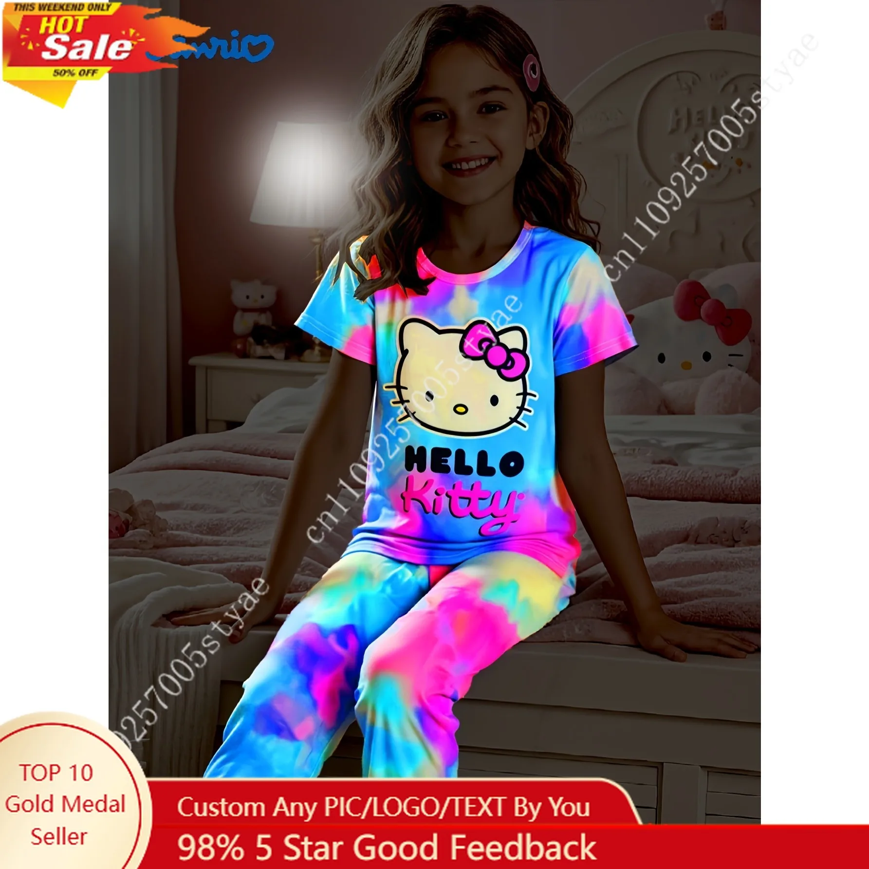 

Sanrio Hello Kitty Flame Resistant Girls' Short Sleeve T-Shirt and Long Pants Set with Bow Print Casual Summer Set for Child