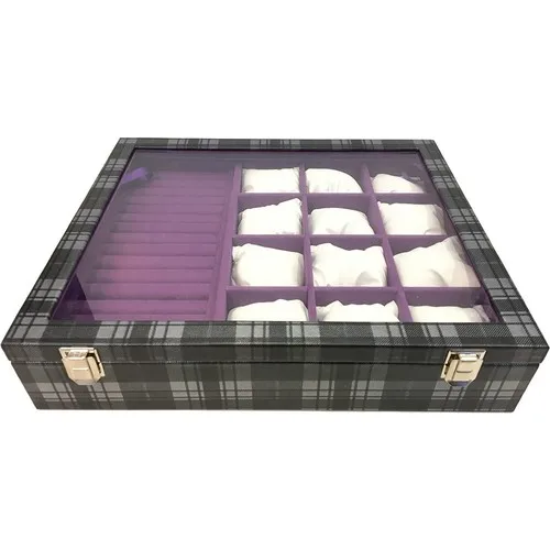 Standmarket 12'Li Plated Watch And Jewelry Box Gray Plaid In-Purple