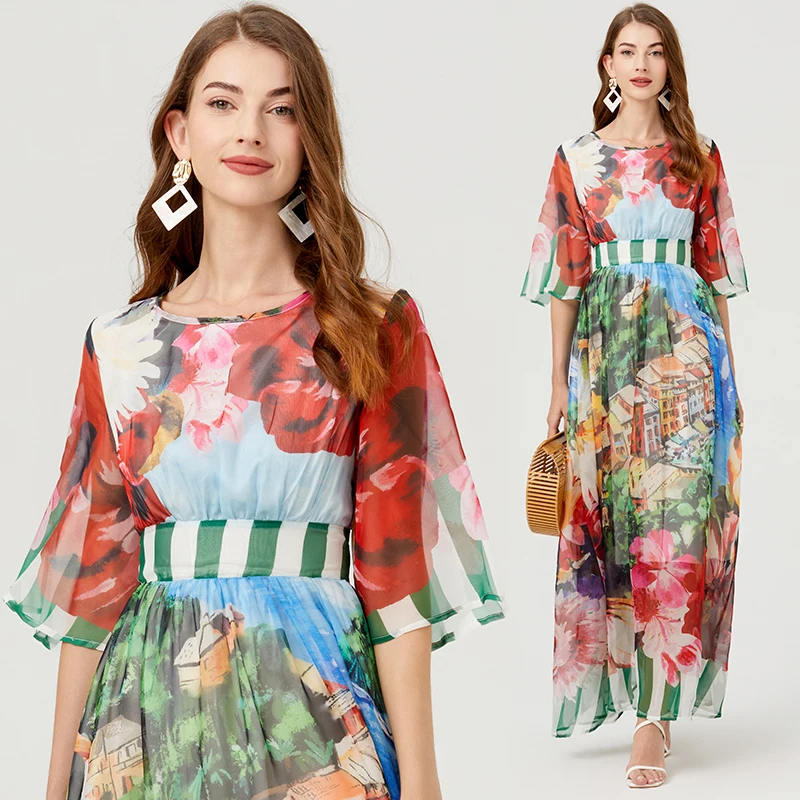 New Flower Print Woemen Summer O Neck Half Sleeve Chiffon Casual A Line Fashion Vintage BOho Holiday Maxi Dresses