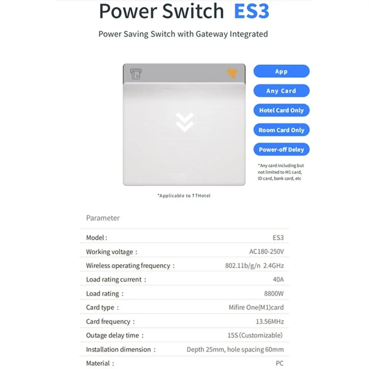 ES3 TTHotel 40A Saving Switch Saver AC180-250V 2.4GHz Wifi S50 Card Power Saver App WIIF Remote on Off