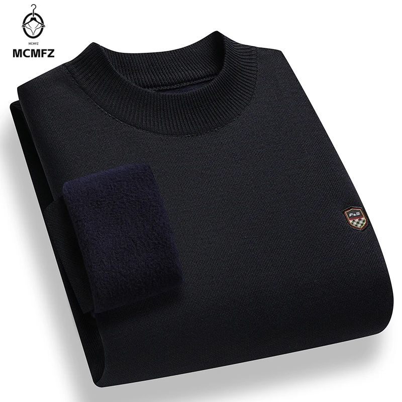 Stretch Mock Neck Male Knitted Pullover Solid Plain Texture Shield Badge Fleece Lined Cold Proof Casual Long Sleeve Top