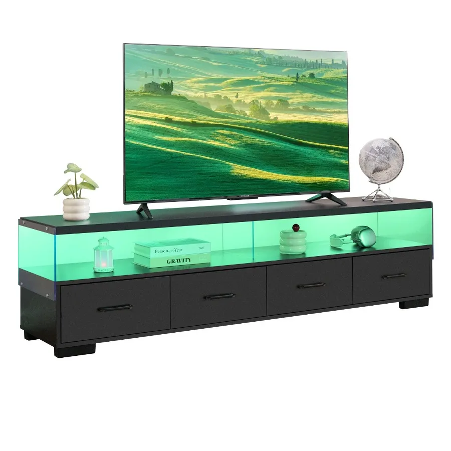 حامل تلفزيون بأربعة أدراج للتلفزيون حتى 80 بوصة، خزانة ذات شاشة مسطحة، باب غرفة المعيشة، تخزين مركز الترفيه، أسود #6