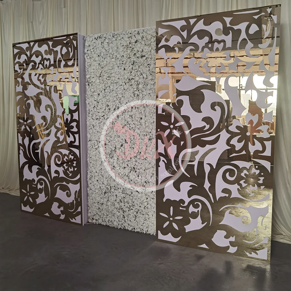 Top Quality Gold Stainless Steel White Acrylic With Flowers Panels Wall Decoration Backdrop Panel Stand  For Wedding Backdrop