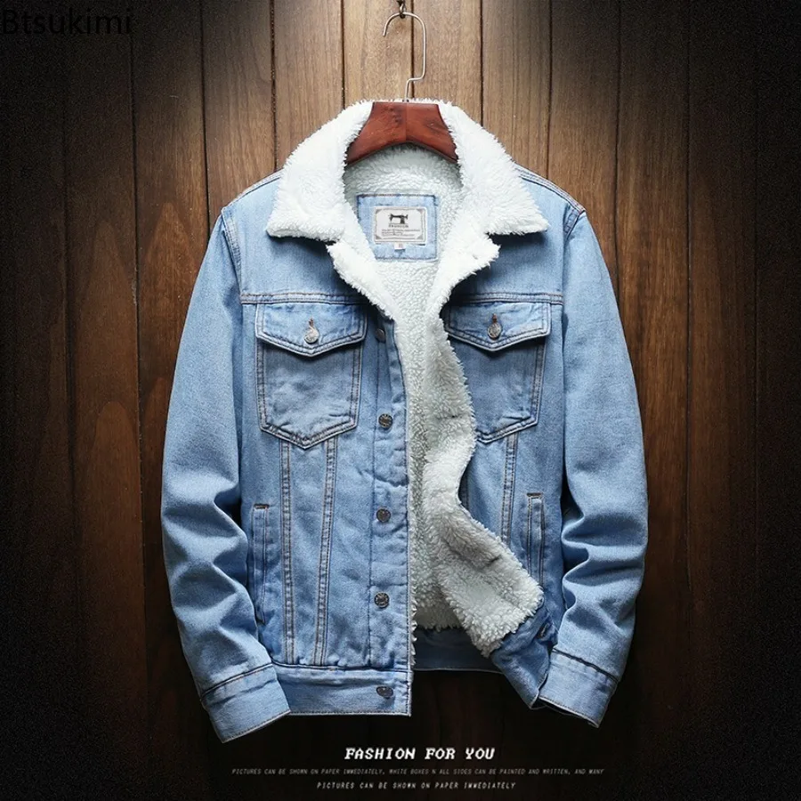 

2025 Men's Autumn Winter Thicken Denim Jackets Fleece Lined Casual Warm Outwear Korean Style Slim Men Jean Cotton-padded Coats