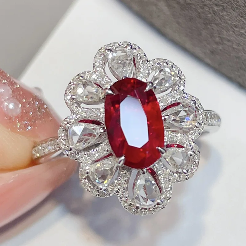 2023 Exaggerated Oversized Hollowed Out Ring For Women Pigeon Blood Red Flower Water Drop Pear-Shaped Oval Ruby Diamonds Jewelry