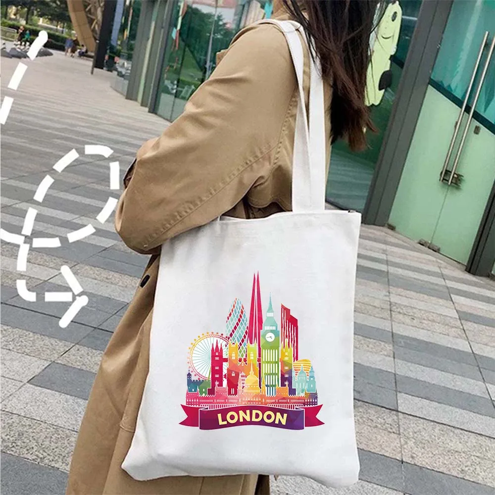 United Kingdom London England Flag Map Shopper Canvas Tote Bag Vintage Bus Big Ben Bridge Phone Booth Trip Travel Cotton Handbag