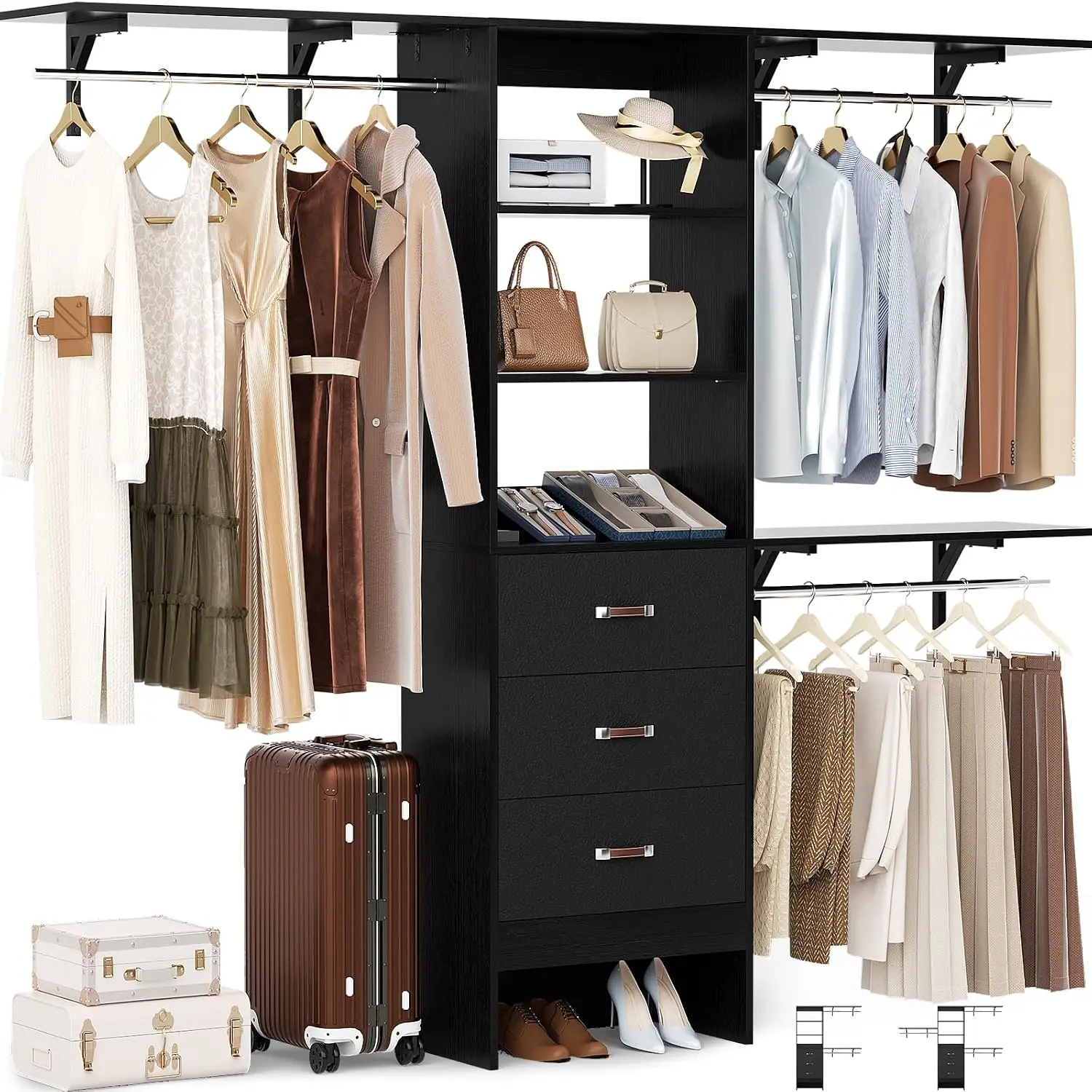Closet System with Drawer, 8FT Wood Closet Organizer System with 3 Hanging Rods and Shelving Tower, 96