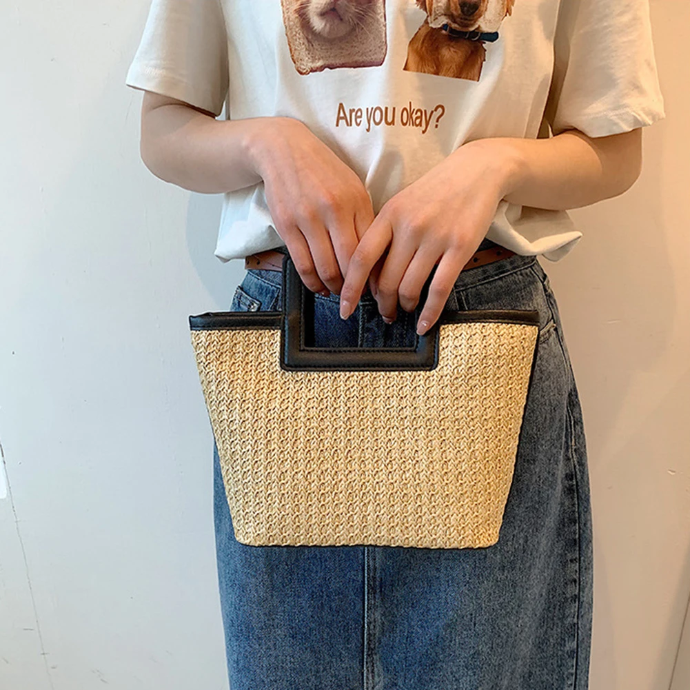 Women Straw Tote Handbag PU Leather Casual Travel Handbag Color Clash Versatile Weaving Bag Summer Beach Handbag