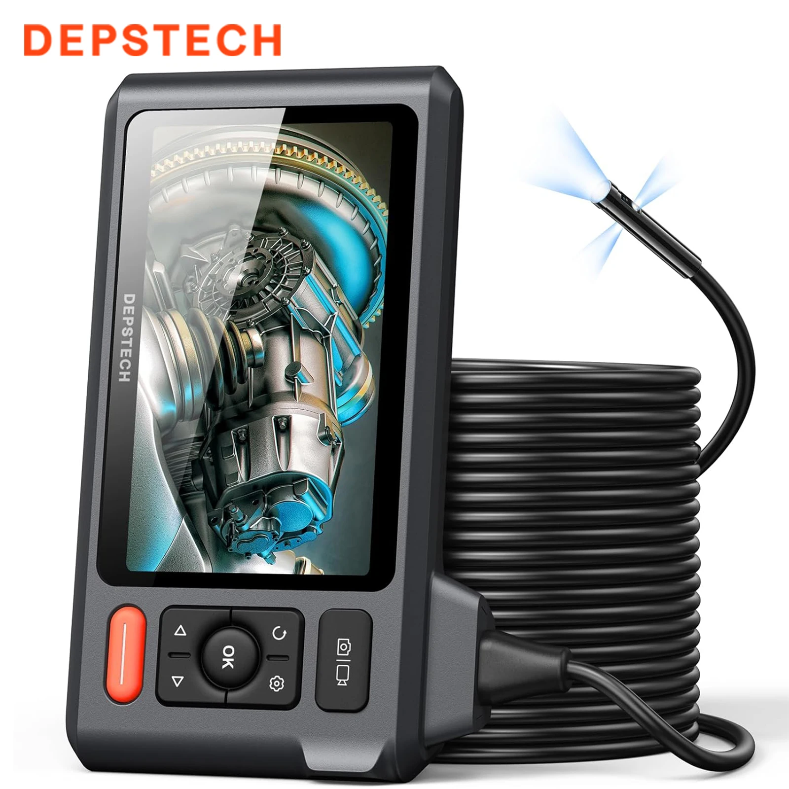 DEPSTECH DS520-TL Endoscope Camera, 5-inch IPS Screen, 7.9mm 1080P Triple Lens, 8+2 LED Lights, 32G8 TF Card, Magnet, Hook