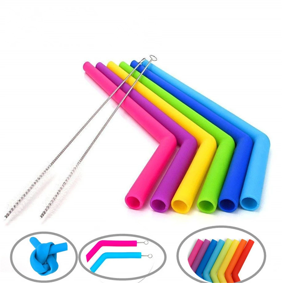 200sets/Lot Silicone Straws Set 25cm Length Dia12mm/7mm Straight and Bent Drinking Pipe With Steel Cleaning Brush BPA-free