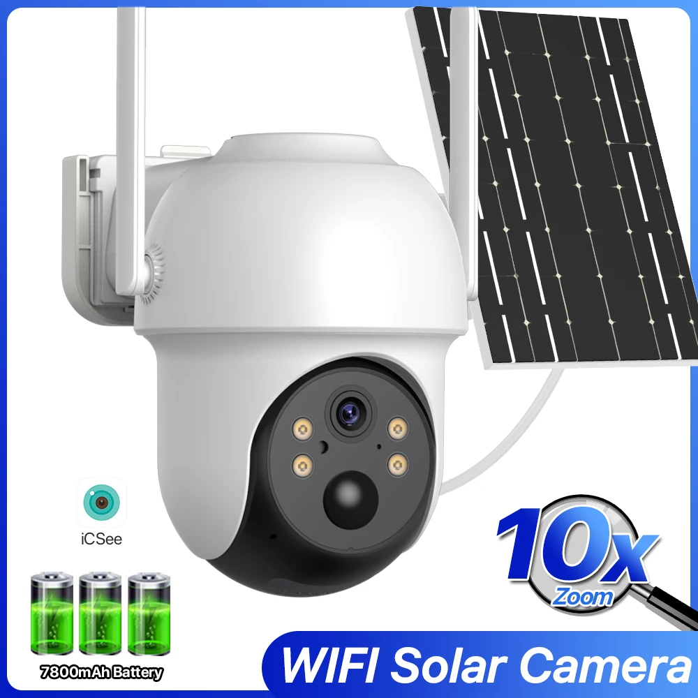

Уличная солнечная Wi-Fi камера 4MP/2MP HD встроенный аккумулятор 10-кратный зум PTZ камера PIR сигнализация человека видеонаблюдение водонепроницаемый iCSee