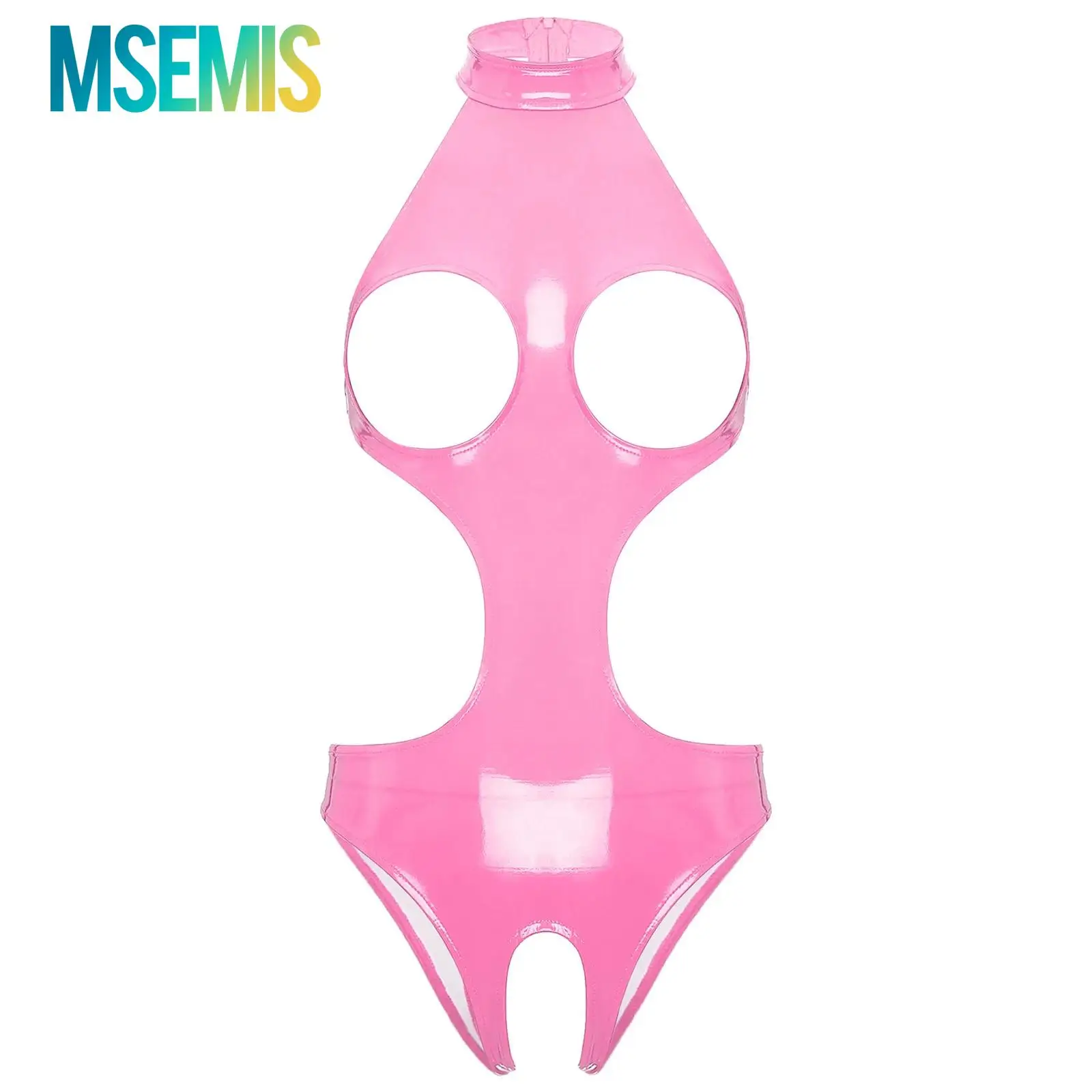 女性用ワンピースランジェリーボディコンジャンプスーツ、ウェットルック、カットアウト、ホルターカップ、オープン胸、中空アウト、オープンクロッチ、バックジッパー、ボディコン