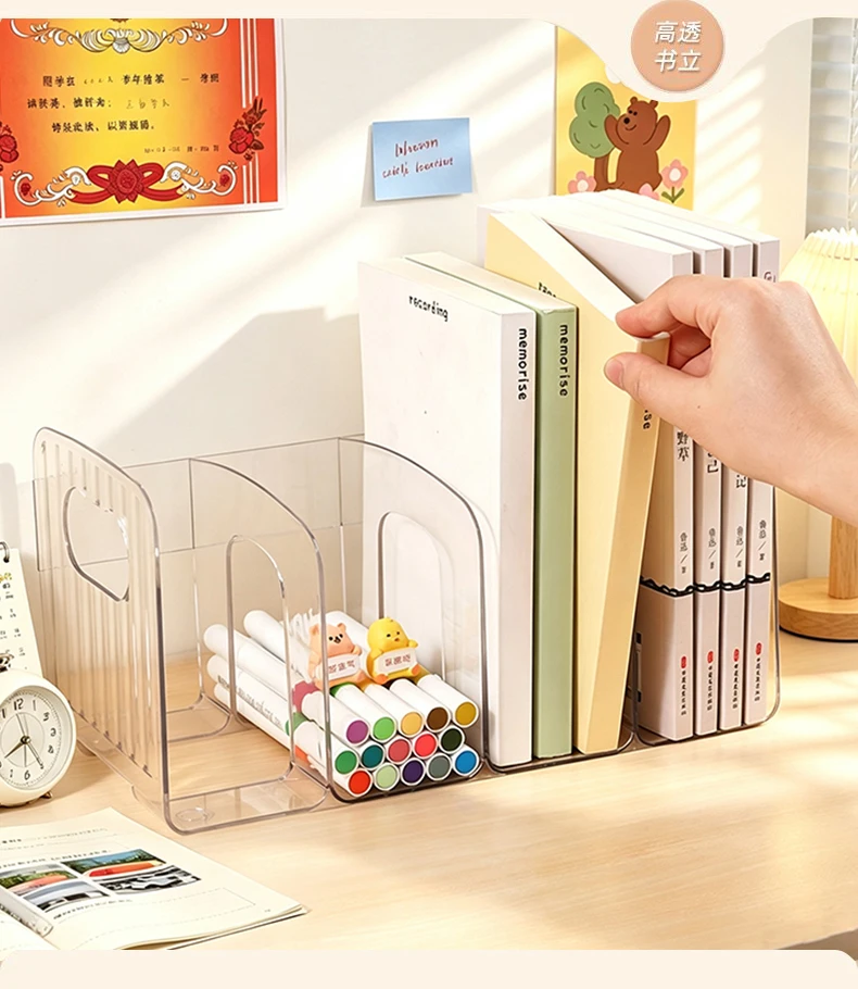 4 Compartments Clear Acrylic File Organizer Desktop Magazine Book Document Storage Rack Office Paper Holder with Side Handles