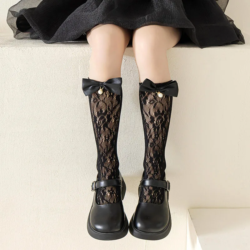 

Baby Girl Calf Pile Stockings Princess Kids Lolita Bow Lace Socks Summer Mesh Stockings 3-12year Children Fishing Net Long Sock