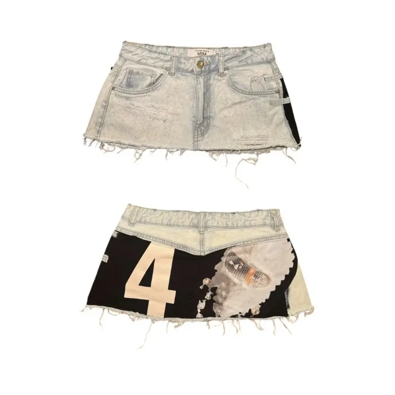 กระโปรงยีนส์สั้นสีฟ้าอ่อนสำหรับผู้หญิง สไตล์สตรีท ดีไซน์ขาดๆ แต่งลายกราฟิกตัวเลข 4 สุดยูนีค แฟชั่นลำลองสุดเทรนดี้สำหรับฤดูร้อน