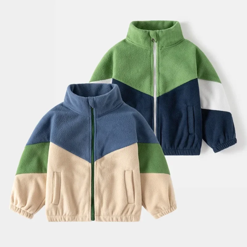 HoneyCherry Stand Collar Autumn and Winter Fashion Warm Kids Coat Soft Loose Polyester Material Boys' Color-block Fleece Jacket