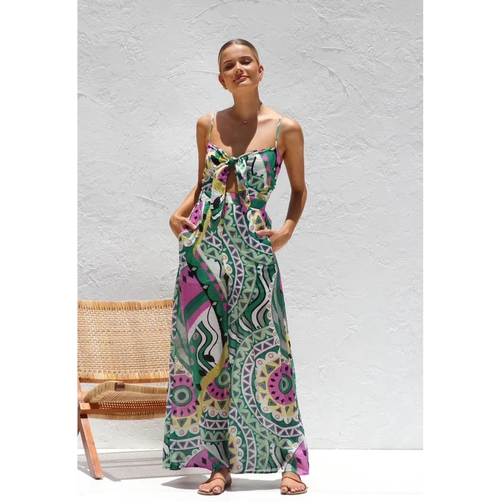 

Summer Women New Fashionable Printed Vacation Jumpsuit Waist-closing Sexy Suspender Knotted Wide-leg Straight Jumpsuit 2025