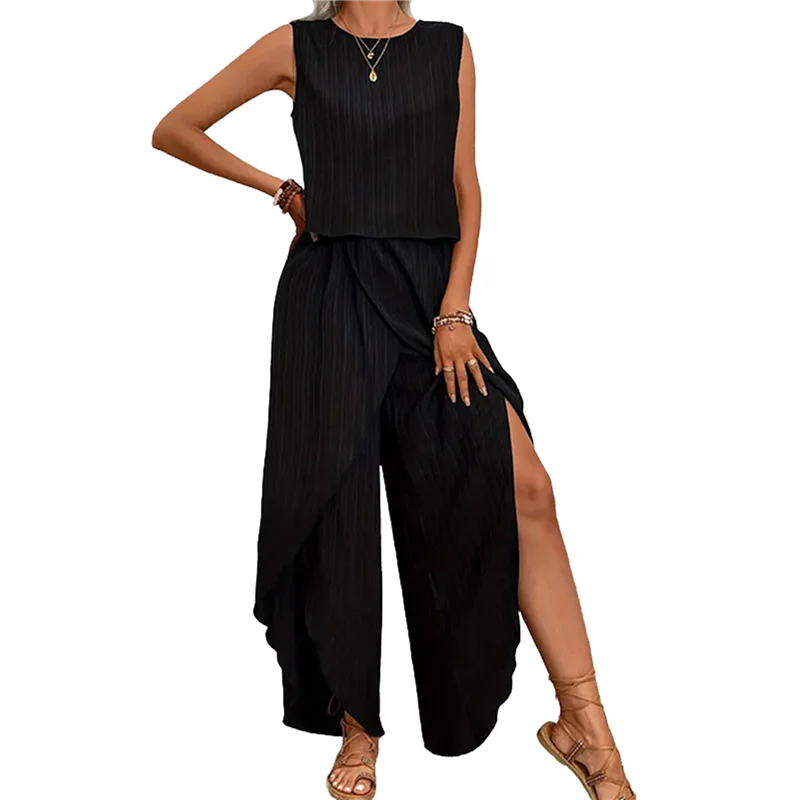 【SEE】Damen-Sommer-2-teilige Outfits, ärmelloses Tank-Top, passende Hosen-Sets mit weitem Bein, gestreifte Trainingsanzüge, Urlaub, Strand, 2025