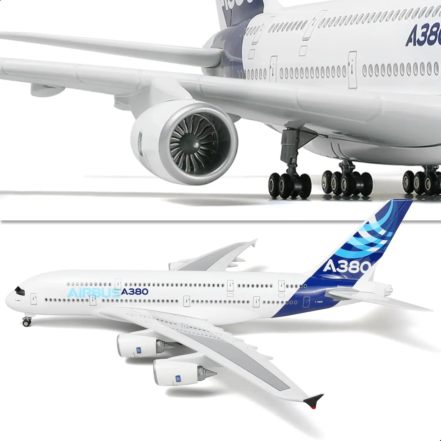 A380 Prototype 1/160 Large Scale Die-cast Resin plane Model Kit with Landing Gear Wheels Light for Collections and Displays
