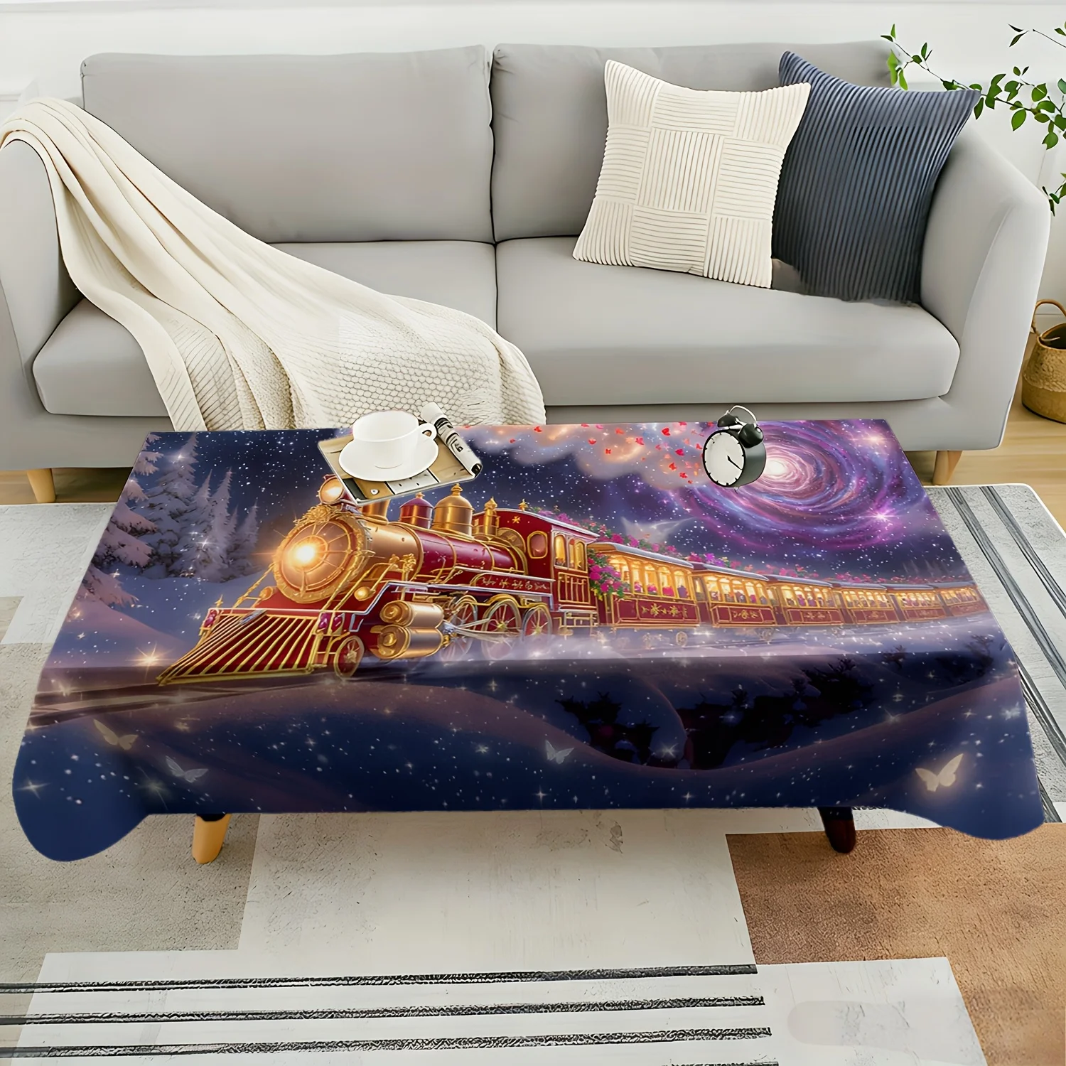 1pc 2D Flat Tablecloth, Retro Red Gold Steam Train Snow Cedar Starry Sky Red Butterflies Printed Rectangle Tablecloth