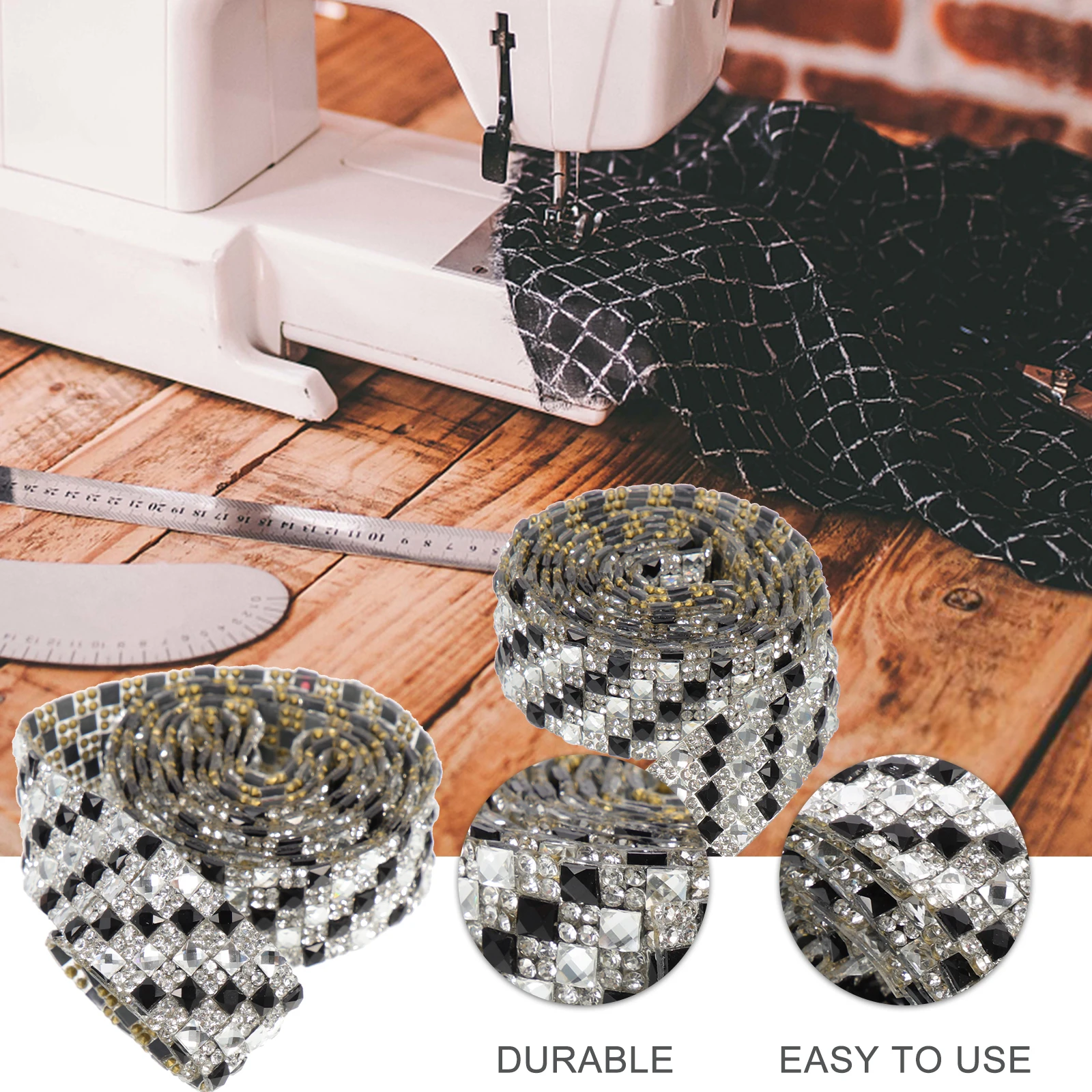

Rhinestone B 5 Rows 2cm Wide Black White Square Self Adhesive Trim Craft Ribbon Cuttable Costume Accessories Decorative Diamonds
